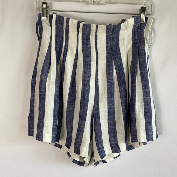 &merci linen-cotton blend white and blue striped high rise shorts size S - Picture 1 of 8